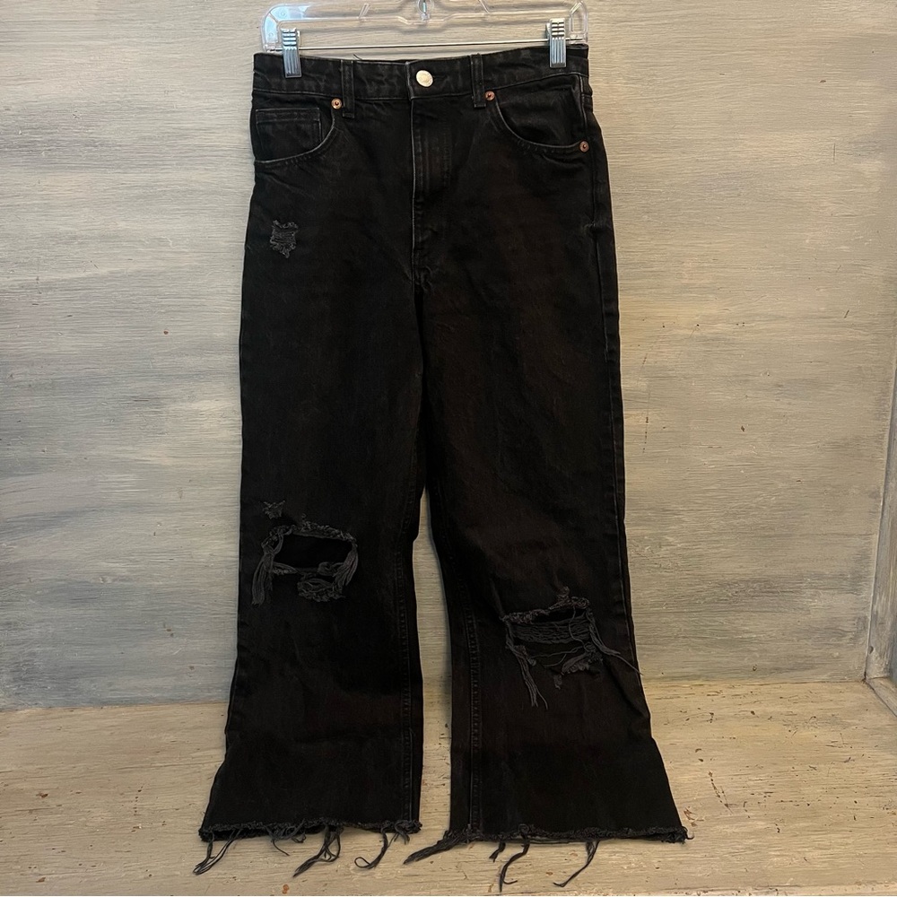 ZARA Black High Rise‎ Distressed Ripped Bootcut Jeans Size 6 Good Condition